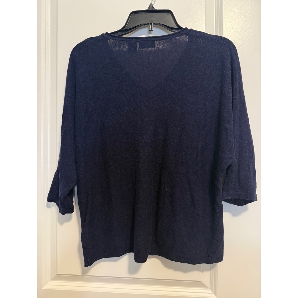 Tahari V-Neck Sweater Womens Small Navy Blue Excellent Linen Blend Dolman Sleeve